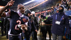 Jan 10, 2026; Chicago, IL, USA; Chicago Bears wide receiver DJ Moore (2) leaves the field following a game against the Green Bay Packers in an NFC Wild Card Round game at Soldier Field.