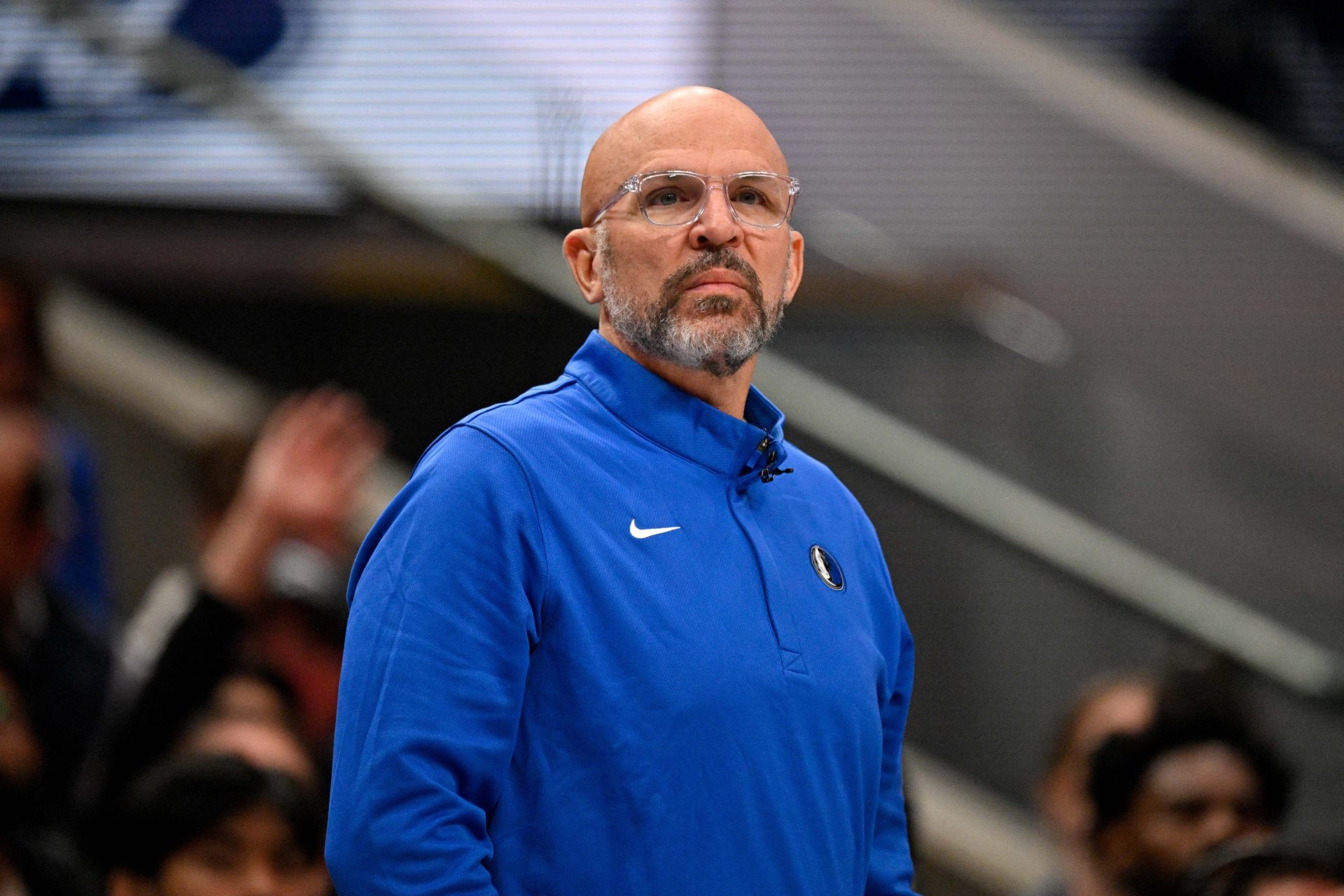 Jan 14, 2026; Dallas, Texas, USA; Dallas Mavericks head coach Jason Kidd looks on during the game against the Denver Nuggets at the American Airlines Center.