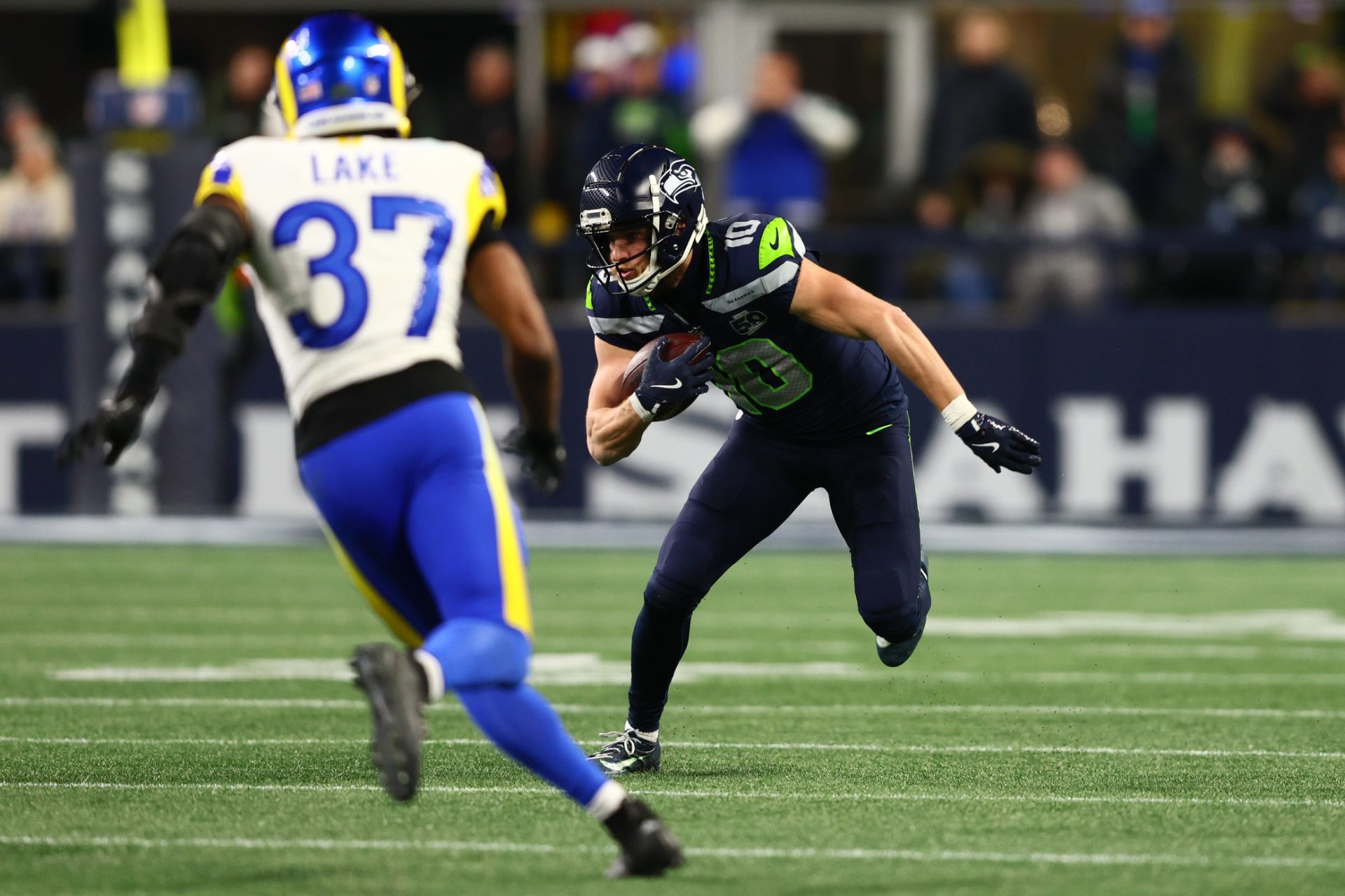 Jan 25, 2026; Seattle, WA, USA; Seattle Seahawks wide receiver Cooper Kupp (10) runs against the Los Angeles Rams during the second half in the 2026 NFC Championship Game at Lumen Field.