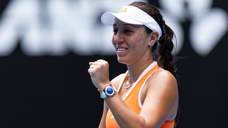 Jan 28, 2026; Melbourne, Victoria, Australia; Jessica Pegula of United States celebrates her victory over Amanda Anisimova of United States in the quarterfinals of the women’s singles at the Australian Open at Rod Laver Arena in Melbourne Park.