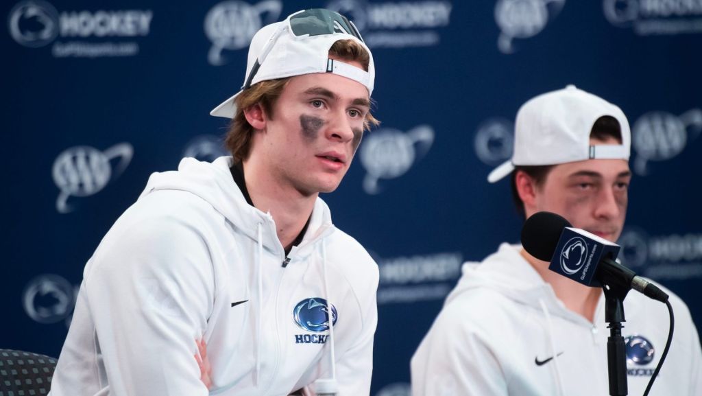 Penn State's Gavin McKenna, left, answers a question during a post-game press conference following a Big Ten hockey game against Michigan State at Beaver Stadium on January 31, 2026, in State College.