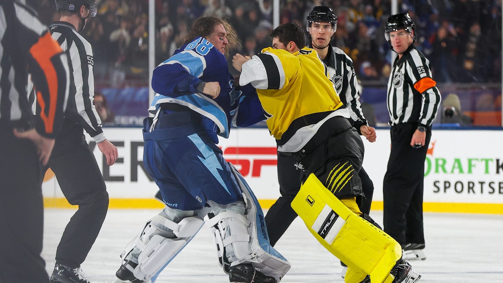 Feb 1, 2026; Tampa Bay, Florida, USA; Tampa Bay Lightning goaltender Andrei Vasilevskiy (88) and Boston Bruins goaltender Jeremy Swayman (1) fight during the second period in the 2026 Stadium Series ice hockey game at Raymond James Stadium. Mandatory Credit: