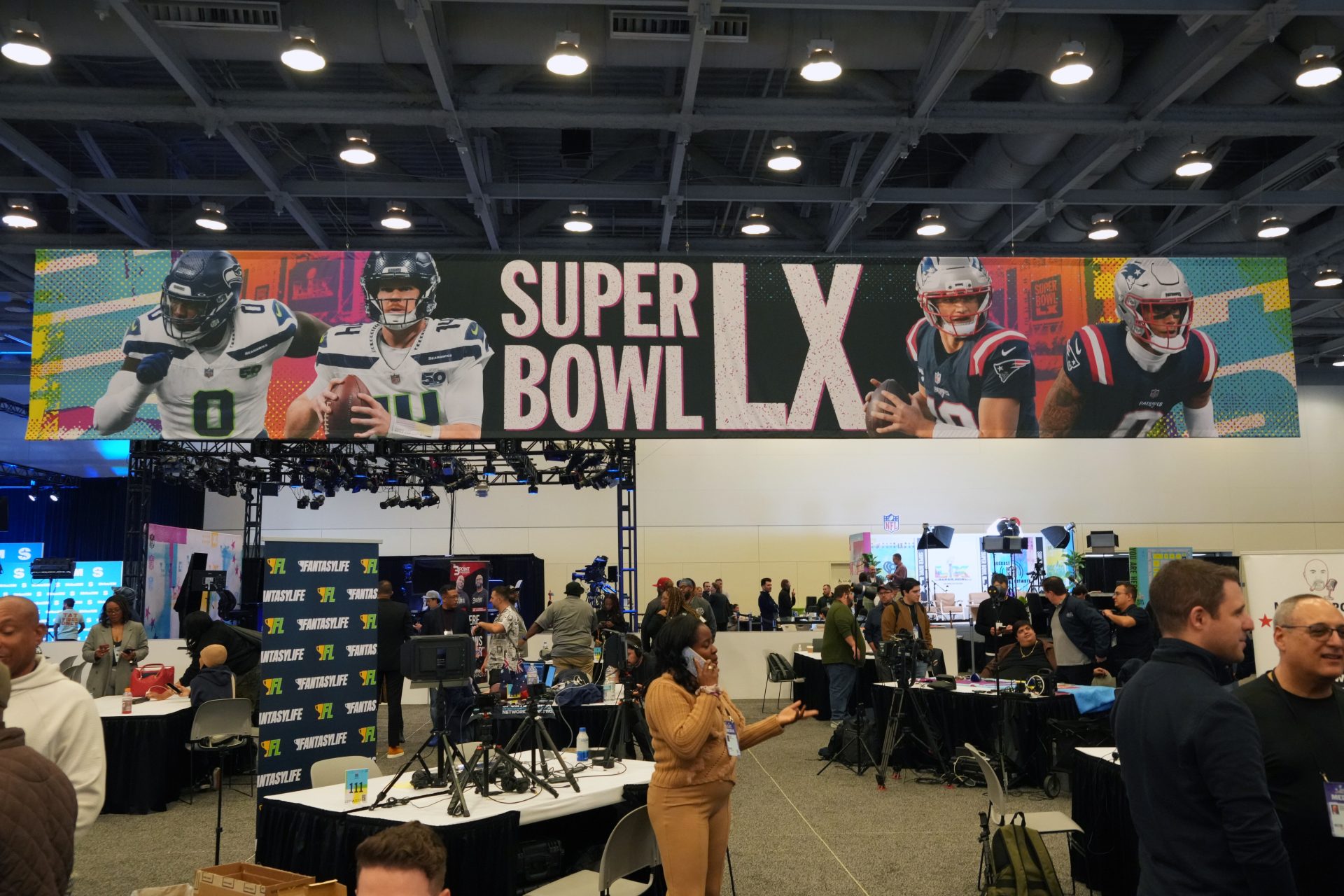 Feb 3, 2026; San Francisco, CA, USA; A banner at the Super Bowl LX media center at the Moscone Center.