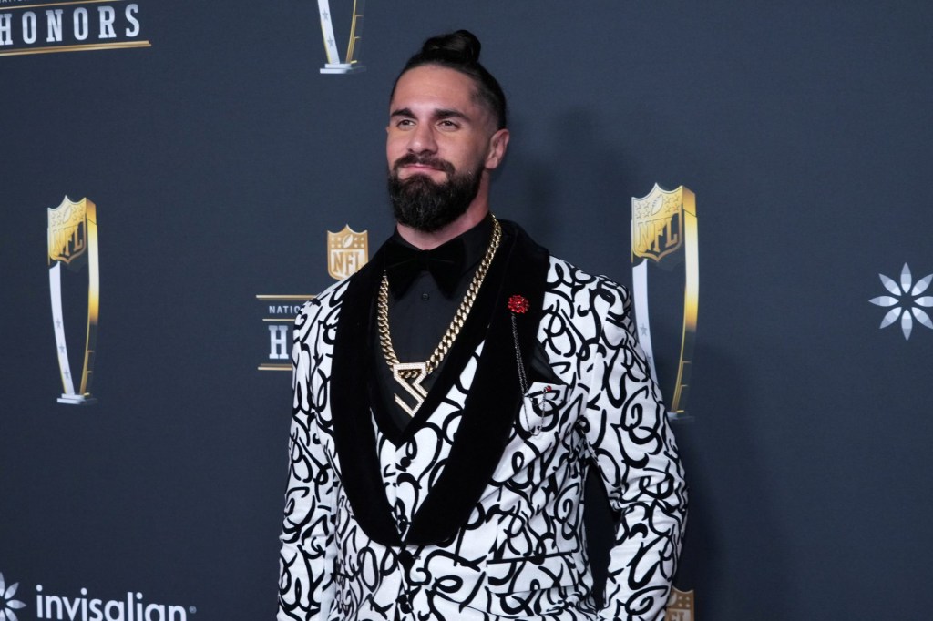 Feb 5, 2026; San Francisco, CA, USA; Seth Rollins poses on the NFL Honors Red Carpet before Super Bowl LX at Palace of Fine Arts.
