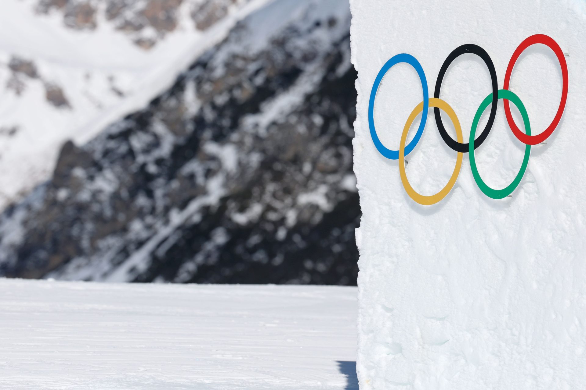 Feb 7, 2026; Livigno, Italy; A detail view of Olympic rings during slopestyle freestyle skiing qualification during the Milano Cortina 2026 Olympic Winter Games at Livigno Snow Park