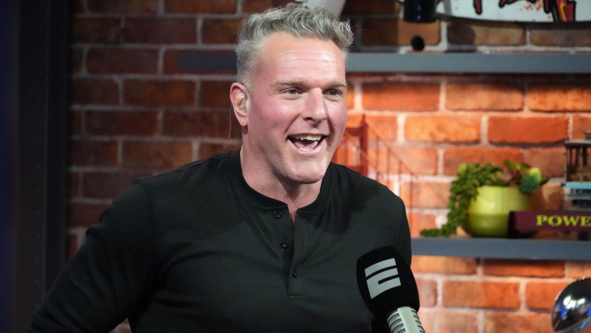 Feb 6, 2026; San Francisco, CA, USA; Pat McAfee on the Pat McAfee Show set at the Super Bowl LX media center at the Moscone Center. Mandatory Credit: Kirby Lee-Imagn Images