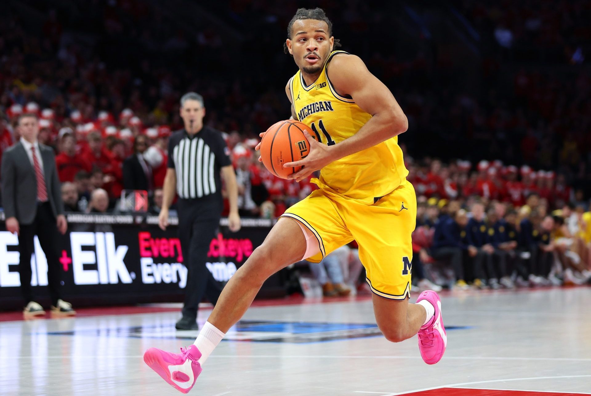 Feb 8, 2026; Columbus, Ohio, USA; Michigan Wolverines guard Roddy Gayle Jr. (11) drives to the basket during the first half against the Ohio State Buckeyes at Value City Arena: