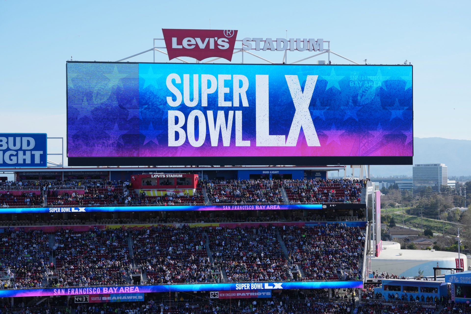 Feb 8, 2026; Santa Clara, CA, USA; General view of the scoreboard before Super Bowl LX between the New England Patriots and the Seattle Seahawks at Levi's Stadium.