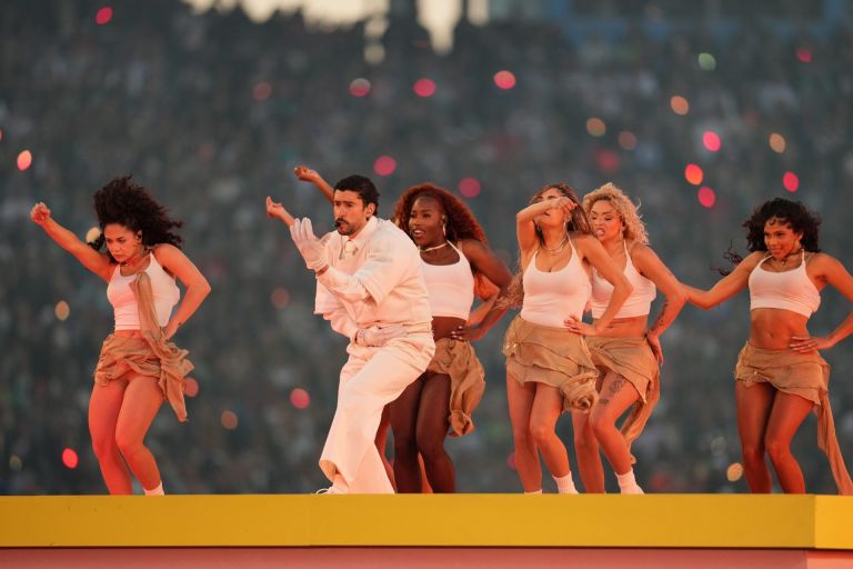 Feb 8, 2026; Santa Clara, CA, USA; Bad Bunny performs during the half time show at the game between New England Patriots and Seattle Seahawks in Super Bowl LX at Levi's Stadium.