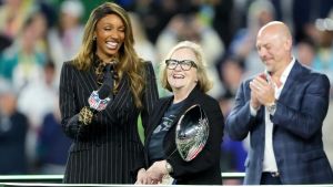 Feb 8, 2026; Santa Clara, CA, USA; Seattle Seahawks owner Jody Allen holds the Vince Lombardi Trophy after defeating the New England Patriots in Super Bowl LX at Levi's Stadium.