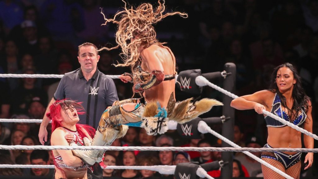 Giulia delivers a top-rope drop kick to Iyo Sky during the WWE Road to WrestleMania show, Saturday, Feb. 14, 2026, in United Supermarkets Arena at Lubbock.
