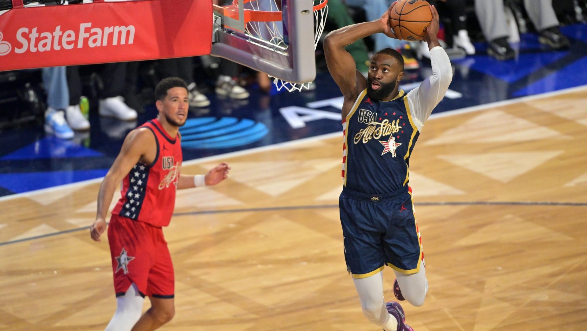 Feb 15, 2026; Inglewood, California, USA; Team USA Stripes forward Jaylen Brown (7) of the Boston Celtics shoots against Team USA Stars in game two during the 75th NBA All Star Game at Intuit Dome.