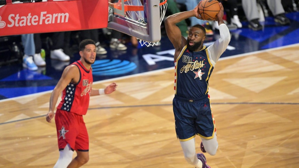 Feb 15, 2026; Inglewood, California, USA; Team USA Stripes forward Jaylen Brown (7) of the Boston Celtics shoots against Team USA Stars in game two during the 75th NBA All Star Game at Intuit Dome.
