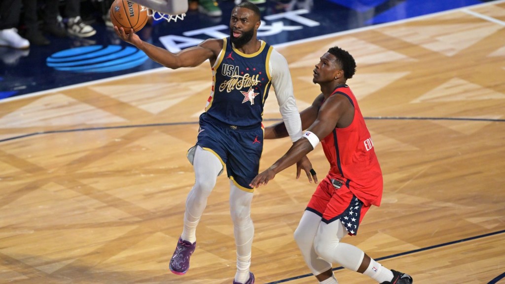 Feb 15, 2026; Inglewood, California, USA; Team USA Stripes forward Jaylen Brown (7) of the Boston Celtics shoots against Team USA Stars guard Anthony Edwards (5) of the Minnesota Timberwolves in game two during the 75th NBA All Star Game at Intuit Dome. Mandatory Credit: Jayne Kamin-Oncea-Imagn Images