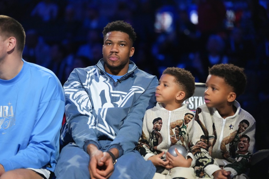 Feb 15, 2026; Inglewood, California, USA; eam World forward Giannis Antetokounmpo (34) of the Milwaukee Bucks looks on in-between games during the 75th NBA All Star Game at Intuit Dome.