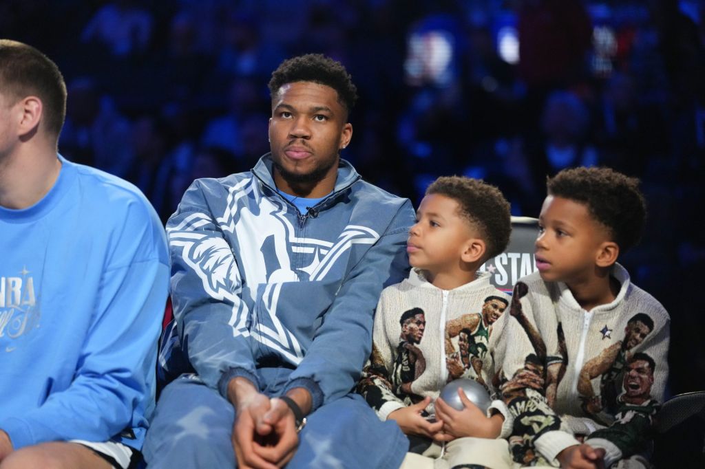 Feb 15, 2026; Inglewood, California, USA; eam World forward Giannis Antetokounmpo (34) of the Milwaukee Bucks looks on in-between games during the 75th NBA All Star Game at Intuit Dome.