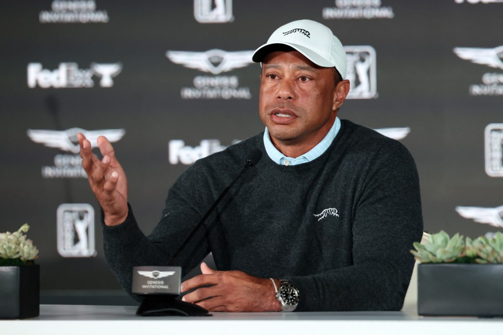 Feb 17, 2026; Pacific Palisades, CA, USA; Genesis Invitational tournament host Tiger Woods speaks to the media during a press conference at Riviera Country Club.
