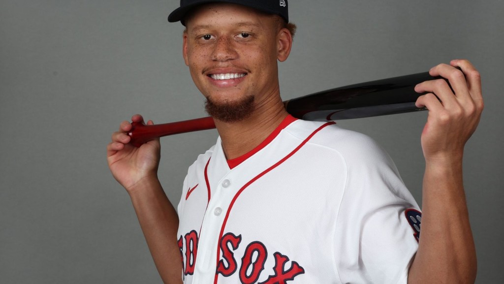Feb 17, 2026; Lee County, FL, USA; Boston Red Sox second baseman Kristian Campbell (28) poses for a photo during media day at JetBlue Park.