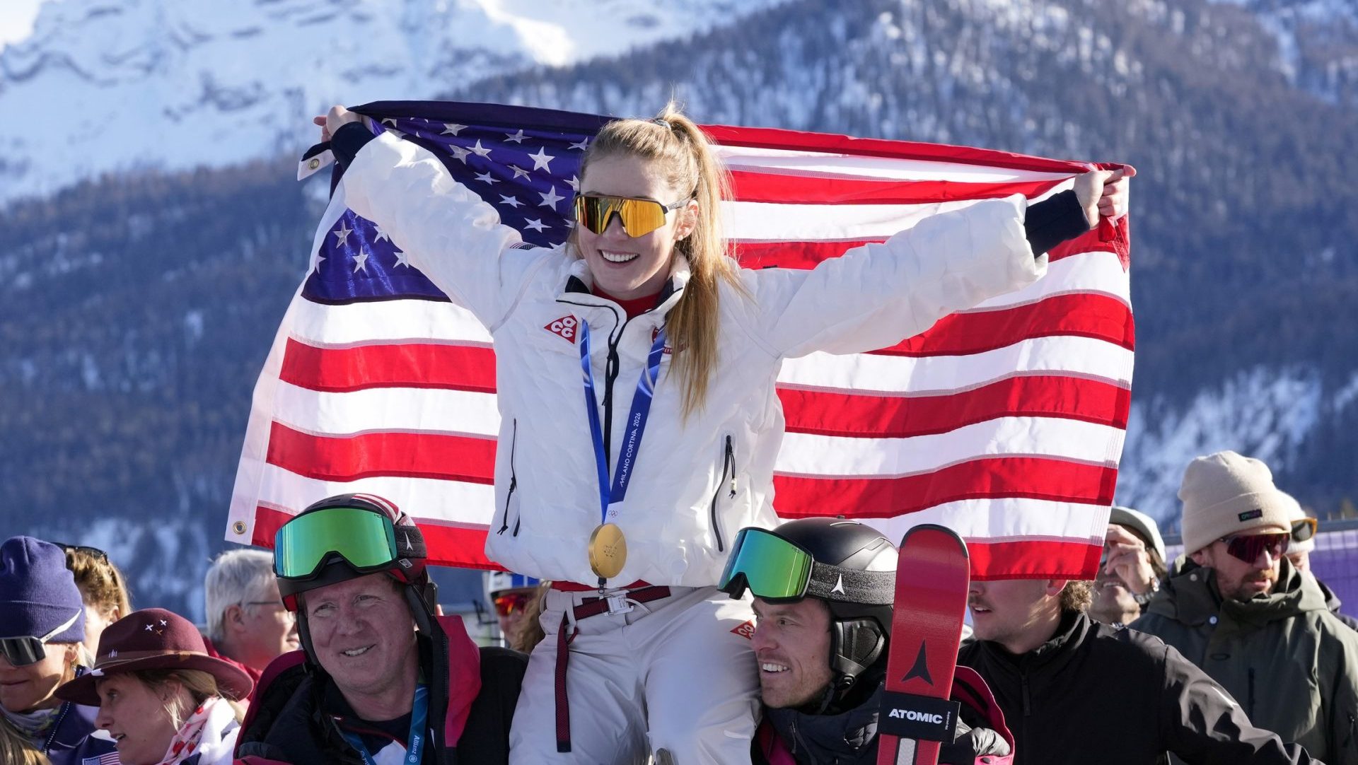 Feb 18, 2026; Cortina d'Ampezzo, Italy; Gold medalist Mikaela Shiffrin of the United States celebrates after the women's slalom during the Milano Cortina 2026 Olympic Winter Games at Tofane Alpine Skiing Centre.