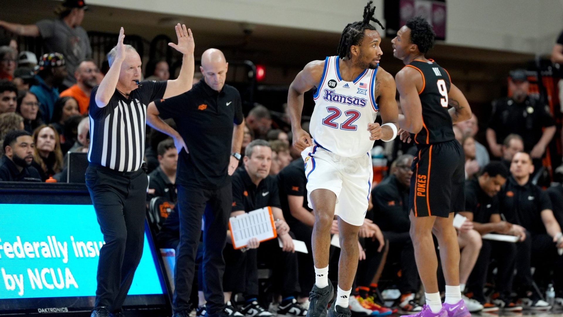 Kansas Jayhawks guard Darryn Peterson (22) runs baskc after making a 3-pointer during a men's college basketball game between the Oklahoma State Cowboys and the Kansas Jayhawks at Gallagher-Iba Arena in Stillwater, Okla., Wednesday, Feb. 18, 2026.