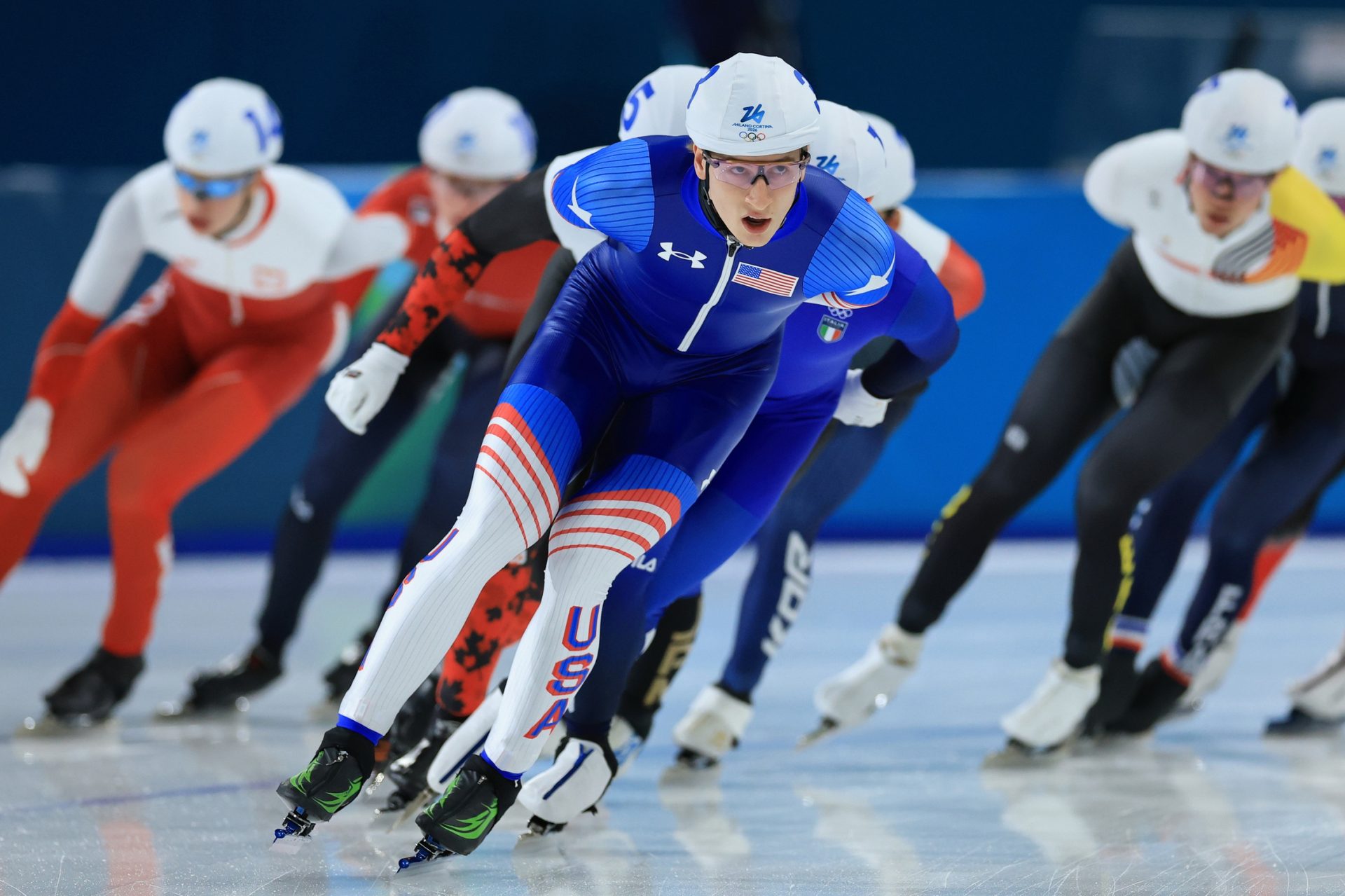 Feb 21, 2026; Milan, Italy; Jordan Stolz of the United States during a men's speed skating mass start semifinal during the Milano Cortina 2026 Olympic Winter Games at Milano Speed Skating Stadium.