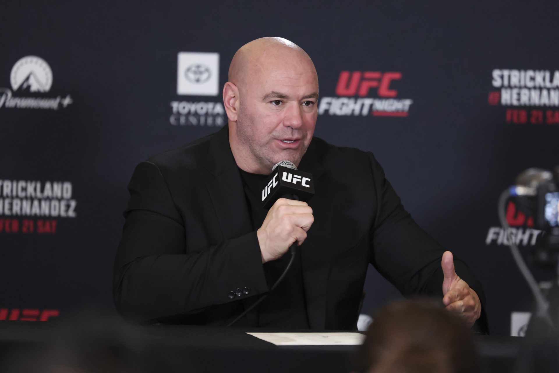Feb 21, 2026; Houston, Texas, USA; UFC President Dana White speaks after UFC Fight Night at Toyota Center.