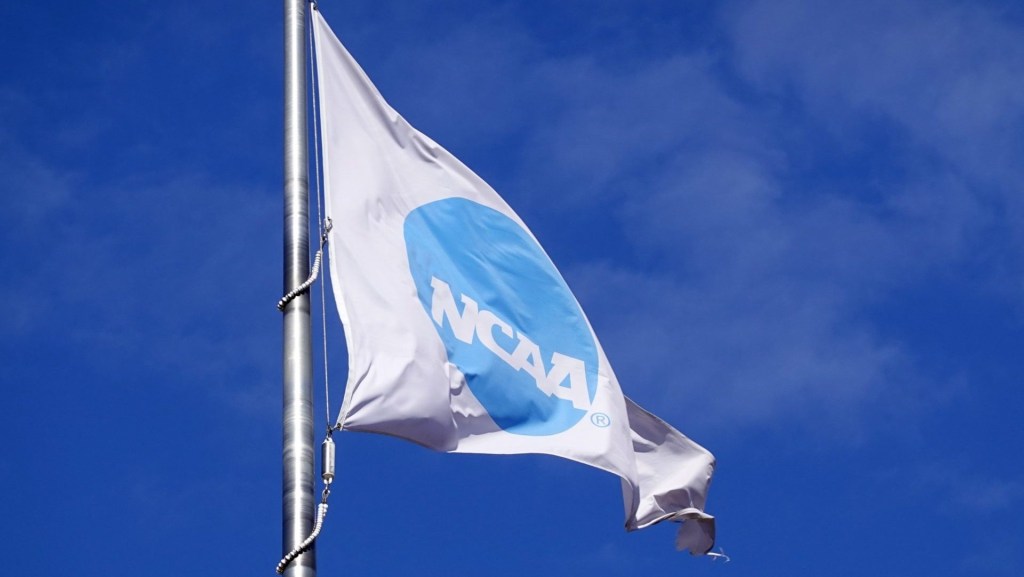 Feb 26, 2026; Indianapolis, IN, USA; A NCAA logo flag at the Hall of Champions at the NCAA National Office.