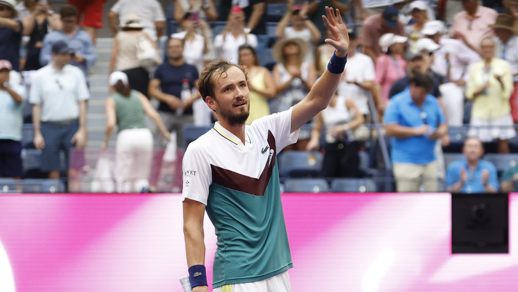 Sep 6, 2023; Flushing, NY, USA; Daniil Medvedev waves to the crowd after his match against Andrey Rublev (not pictured) on day ten of the 2023 U.S. Open tennis tournament at USTA Billie Jean King National Tennis Center.