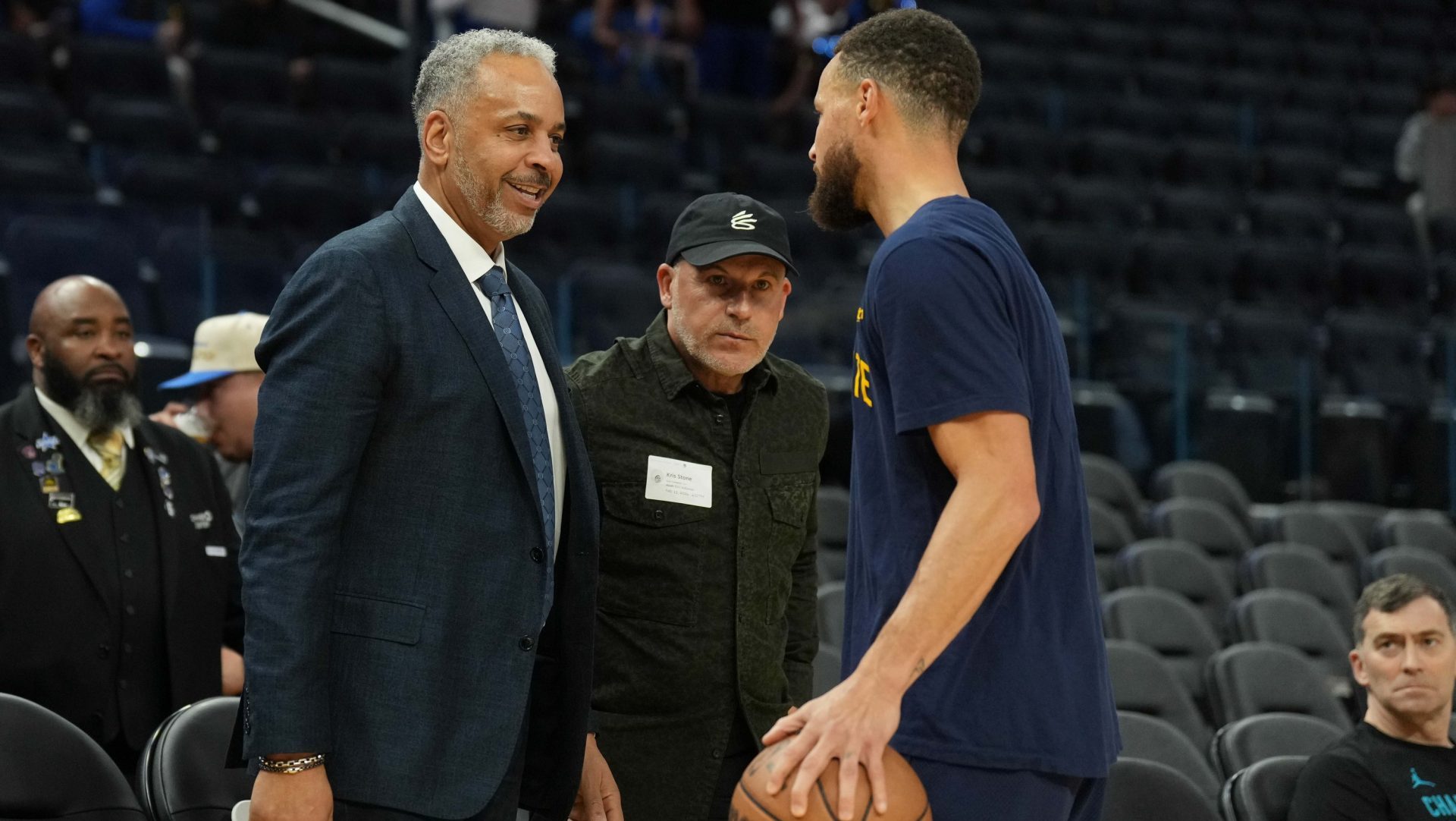 Feb 23, 2024; San Francisco, California, USA; Charlotte Hornets color commentator Dell Curry (left) talks with Golden State Warriors guard Stephen Curry (right) before the game at Chase Center. Mandatory Credit: Darren Yamashita-USA TODAY Sports