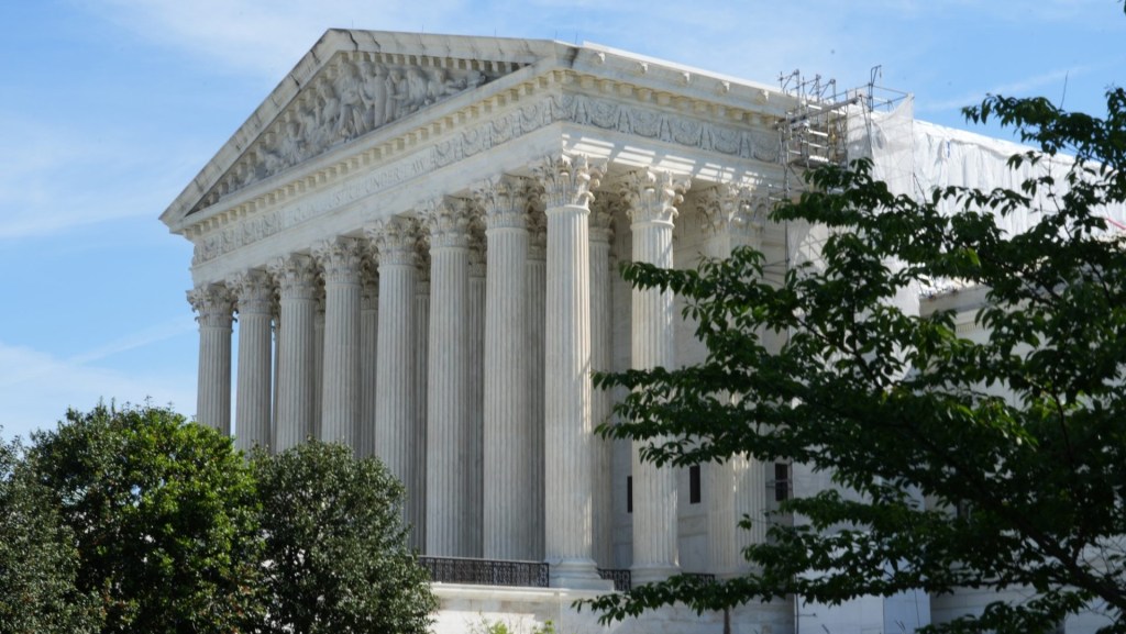 April 23, 2024; Washington, D.C., USA; Exterior view of the U.S. Supreme Court as the court hears oral arguments on April 23, 2024, in a challenge by Starbucks to a judicial decision that required the coffee chain to rehire seven employees at one of its cafes in Memphis, Tennessee who a federal agency determined were fired for supporting unionization.