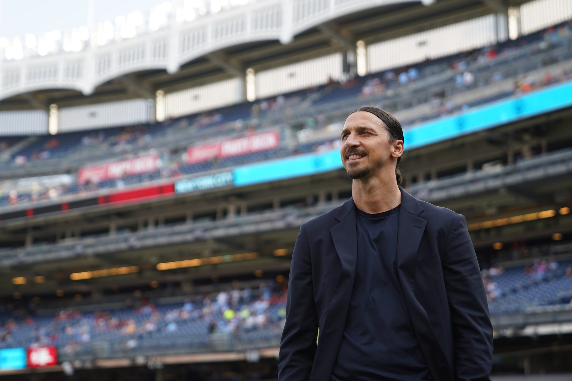 Jul 27, 2024; New York, NY, USA; Former player Zlatan Ibrahimovic looks on before the match between AC Milan and Manchester City at Yankee Stadium.