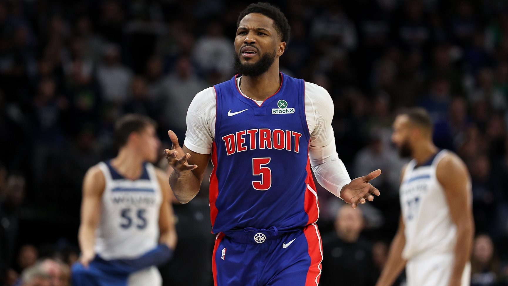 Mar 30, 2025; Minneapolis, Minnesota, USA; Detroit Pistons guard Malik Beasley (5) reacts during the second quarter against the Minnesota Timberwolves at Target Center. Mandatory Credit: Matt Krohn-Imagn Images