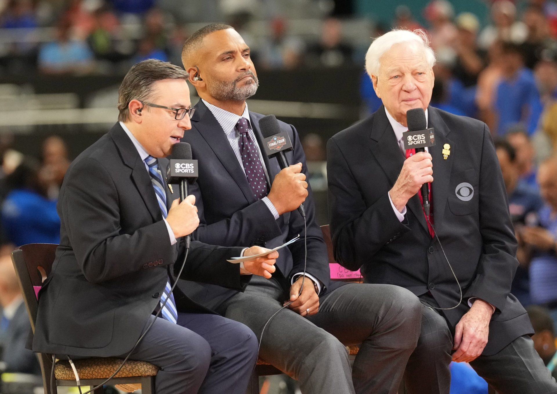 Apr 7, 2025; San Antonio, TX, USA; TV personalities Ian Eagle, Grant Hill and Bill Raftery before the national championship game of the Final Four of the 2025 NCAA Tournament at the Alamodome.