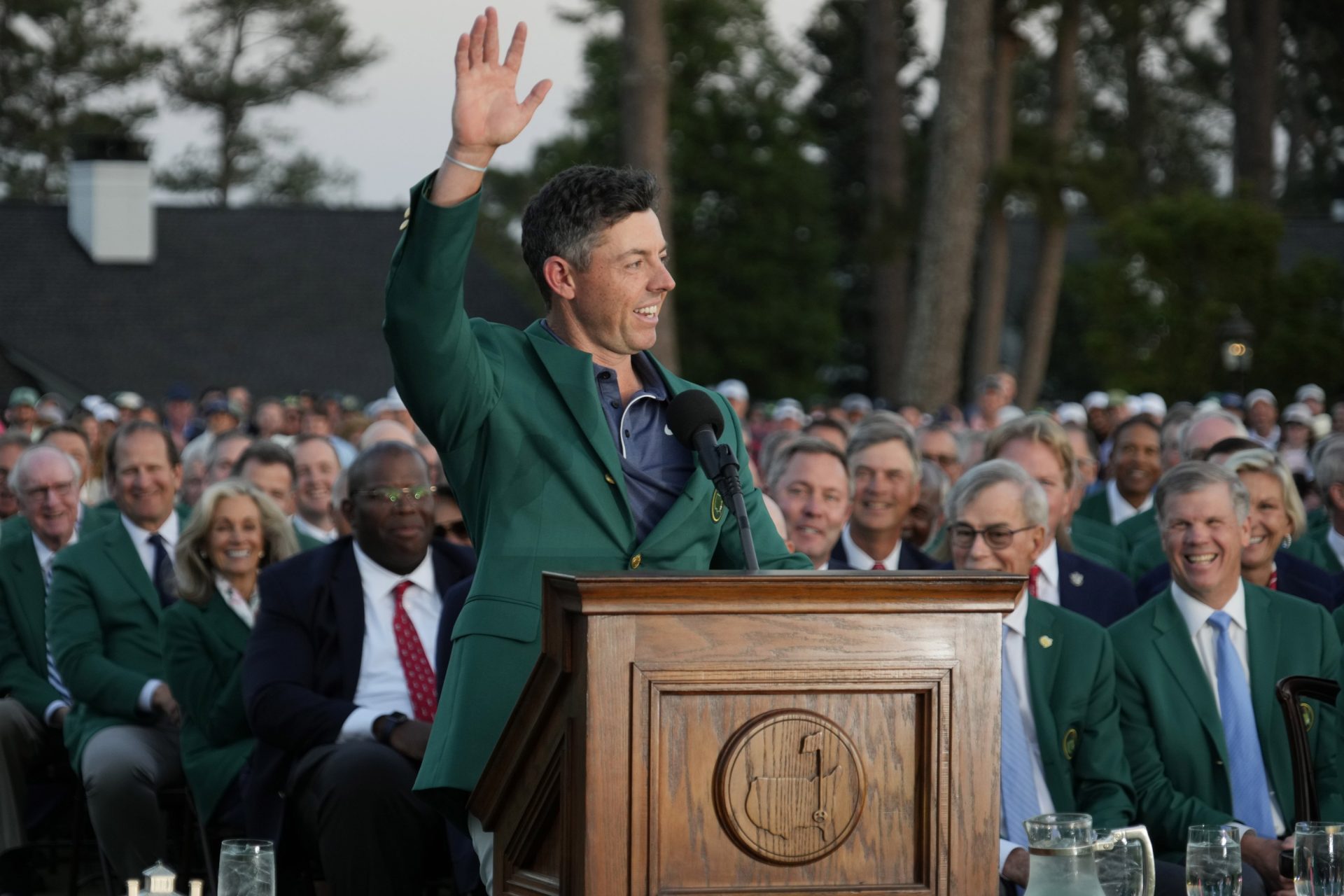 Apr 13, 2025; Augusta, Georgia, USA; Rory McIlroy speaks after receiving the green jacket after winning the Masters Tournament at Augusta National Golf Club.