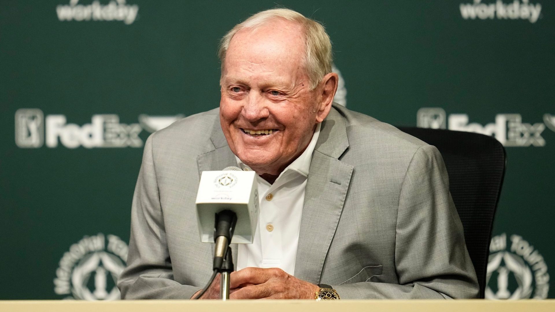 Jack Nicklaus speaks to media prior to the start of the Memorial Tournament at Muirfield Village Golf Club in Dublin, Ohio on May 27, 2025.
