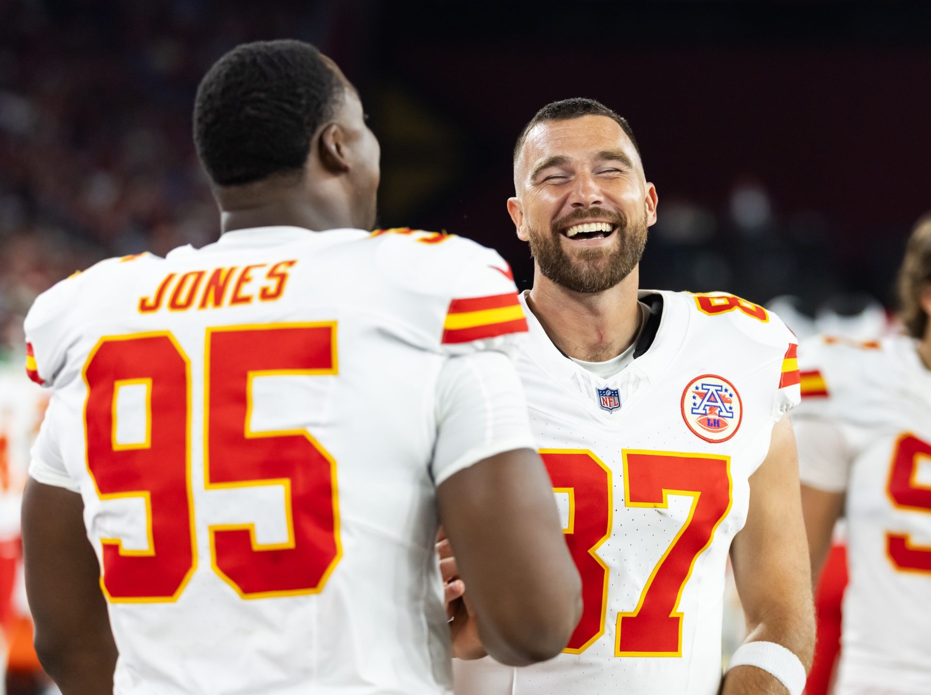 Aug 9, 2025; Glendale, Arizona, USA; Kansas City Chiefs defensive tackle Chris Jones (95) with tight end Travis Kelce (87) against the Arizona Cardinals during a preseason NFL game at State Farm Stadium.