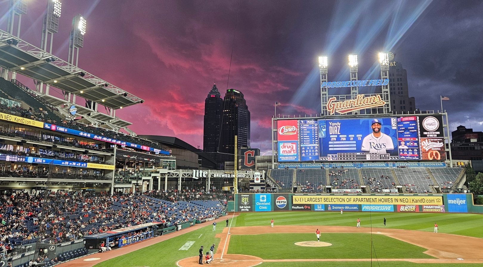 Aug 25, 2025; Cleveland, Ohio, USA; A general view of Progressive Field in the seventh inning of a game between the Cleveland Guardians and the Tampa Bay Rays.