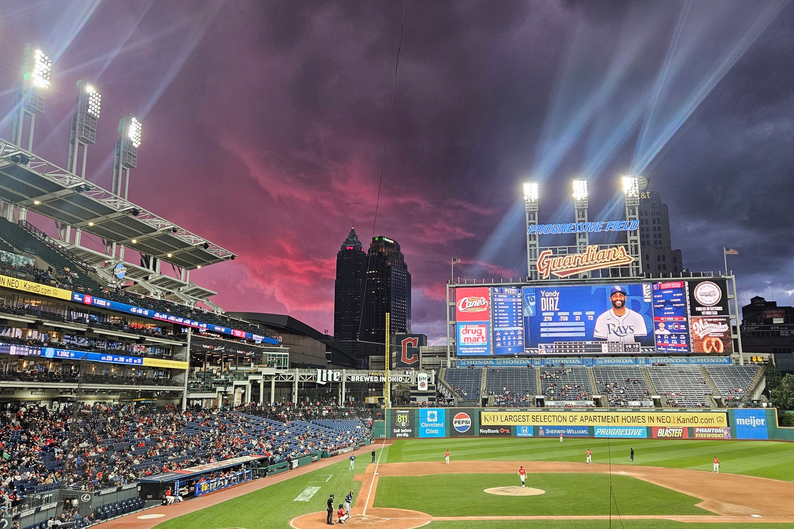 Aug 25, 2025; Cleveland, Ohio, USA; A general view of Progressive Field in the seventh inning of a game between the Cleveland Guardians and the Tampa Bay Rays.