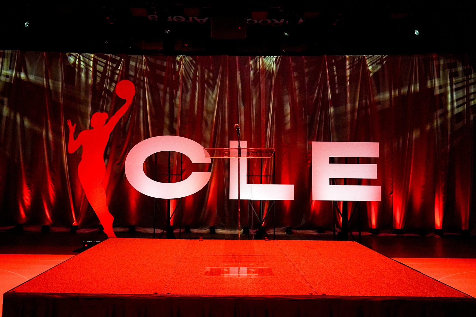 The Cleveland WNBA logo is seen during event celebrating the return of professional women’s basketball to Ohio, Sept. 16, 2025, at Rocket Arena, in Cleveland.