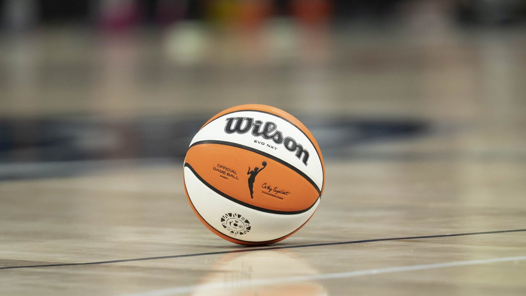 Sep 23, 2025; Minneapolis, Minnesota, USA; A general view of a game ball on the court in a game between the Phoenix Mercury and Minnesota Lynx during game two of the second round for the 2025 WNBA Playoffs at Target Center