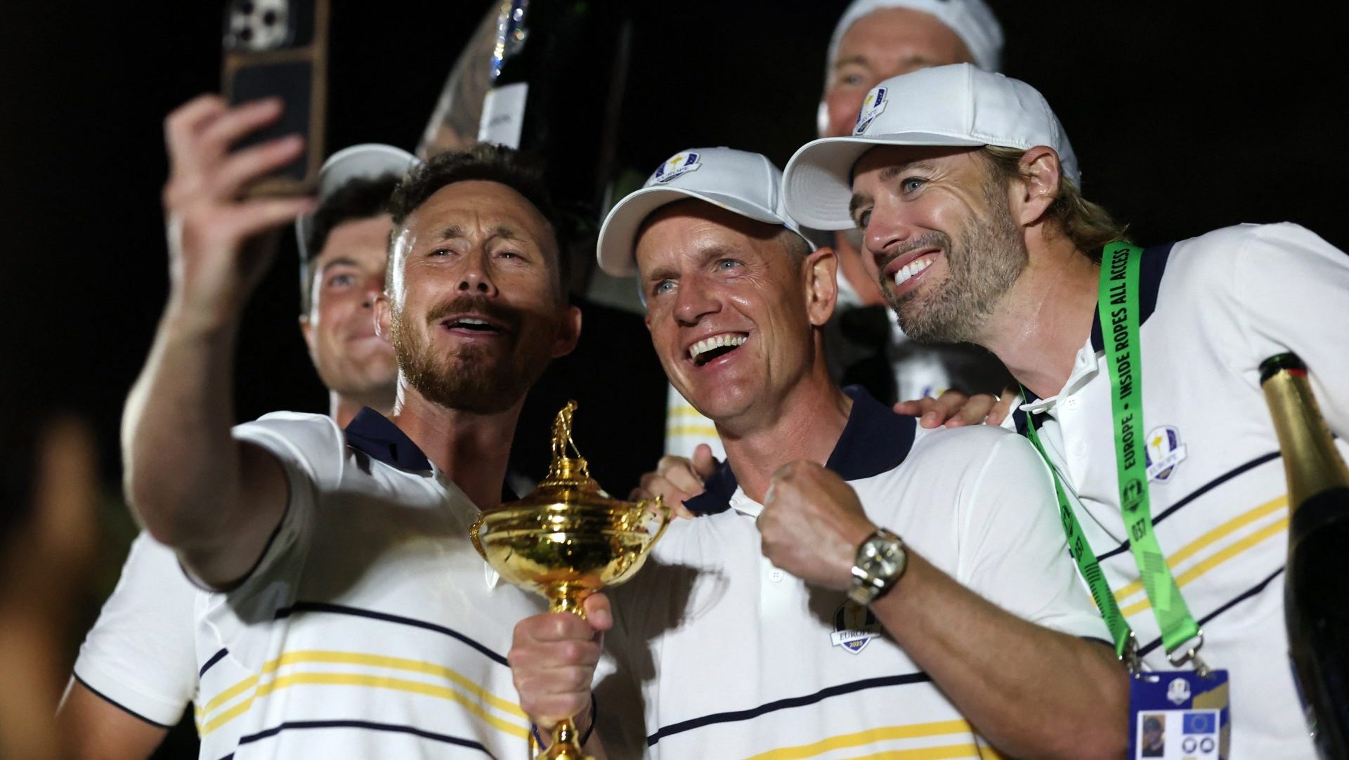 [US, Mexico & Canada customers only] Sep 28, 2025; Bethpage, New York, USA; Team Europe captain Luke Donald celebrates with the trophy after winning the Ryder Cup on the final day of competition for the Ryder Cup at Bethpage Black.