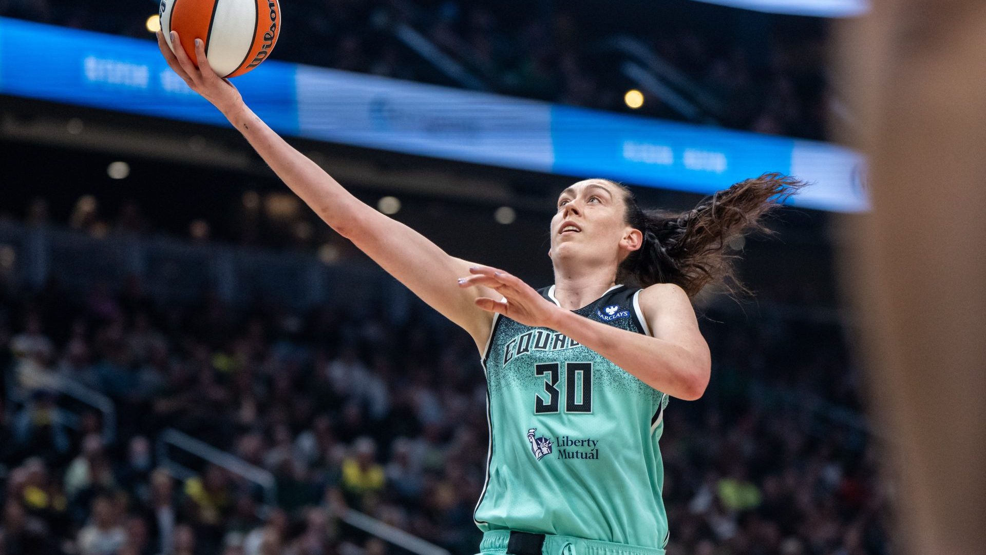 Sep 5, 2025; Seattle, Washington, USA; New York Liberty forward Breanna Stewart (30) shoots the ball against the Seattle Storm at Climate Pledge Arena. Mandatory Credit: Stephen Brashear-Imagn Images
