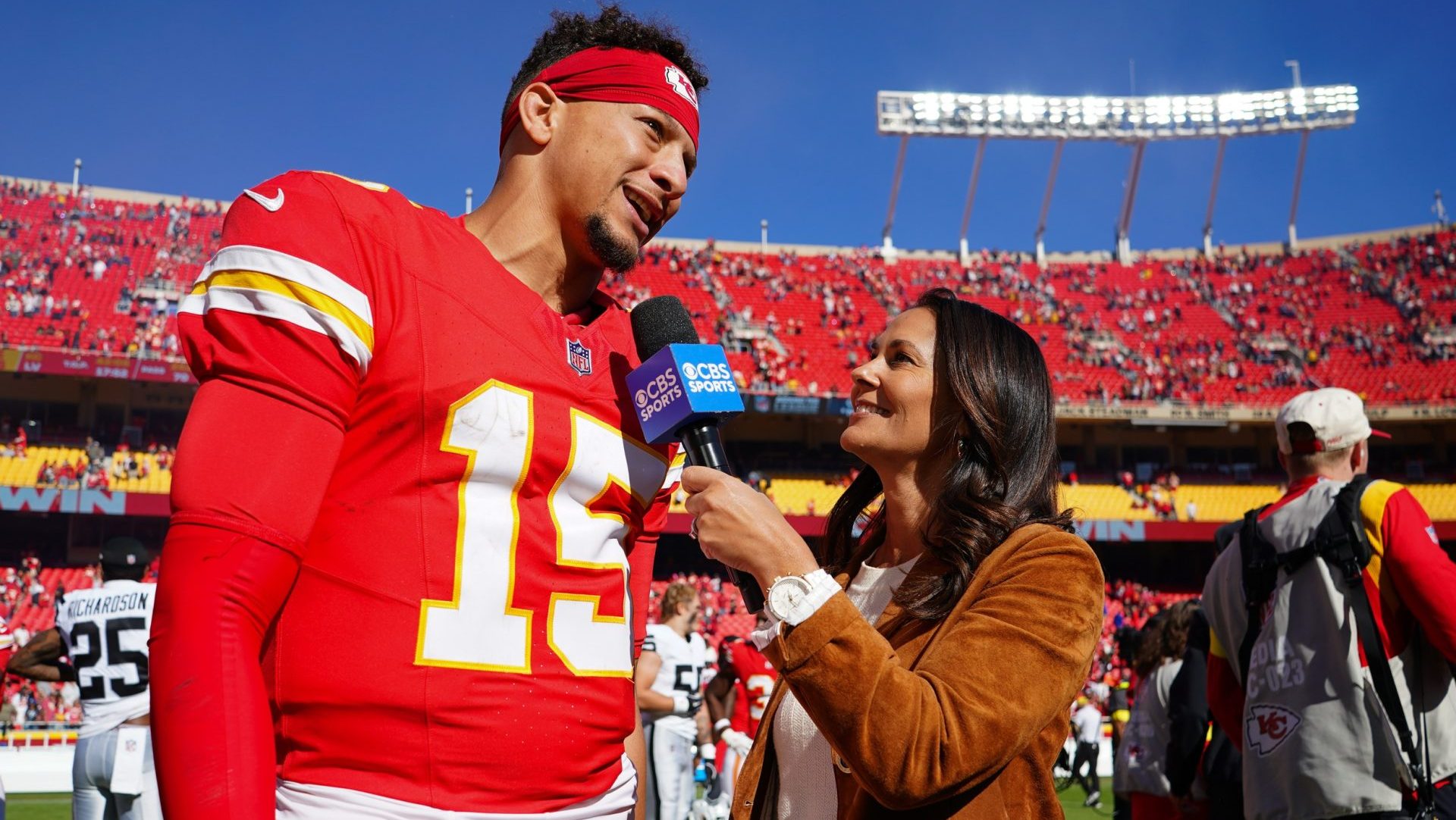 Oct 19, 2025; Kansas City, Missouri, USA; Kansas City Chiefs quarterback Patrick Mahomes (15) speaks with CBS Sports sideline reporter Tracy Wolfson after the game against the Las Vegas Raiders at GEHA Field at Arrowhead Stadium. Mandatory Credit: Denny Medley-Imagn Images