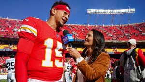 Oct 19, 2025; Kansas City, Missouri, USA; Kansas City Chiefs quarterback Patrick Mahomes (15) speaks with CBS Sports sideline reporter Tracy Wolfson after the game against the Las Vegas Raiders at GEHA Field at Arrowhead Stadium. Mandatory Credit: Denny Medley-Imagn Images