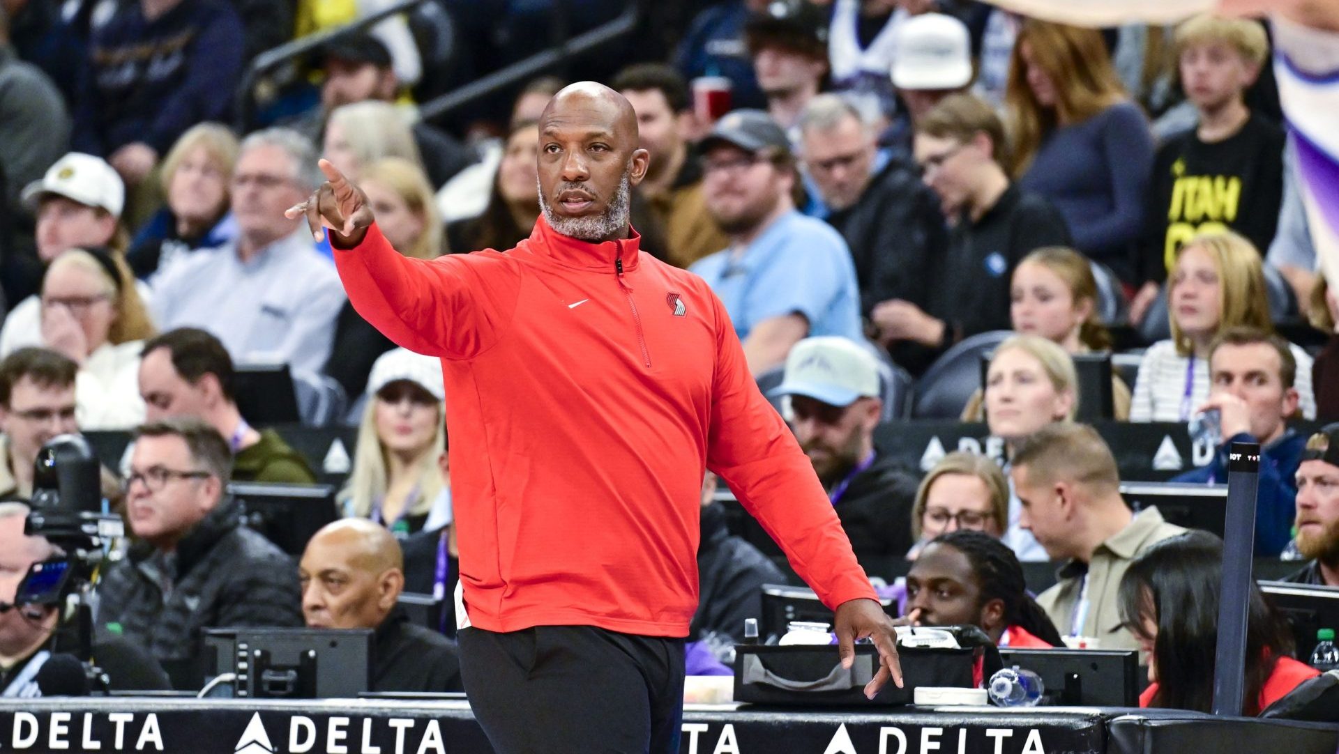 Oct 16, 2025; Salt Lake City, Utah, USA; Portland Trail Blazers head coach Chauncey Billups gives instructions to his team during the first half against the Utah Jazz at Delta Center. Mandatory Credit: Peter Creveling-Imagn Images