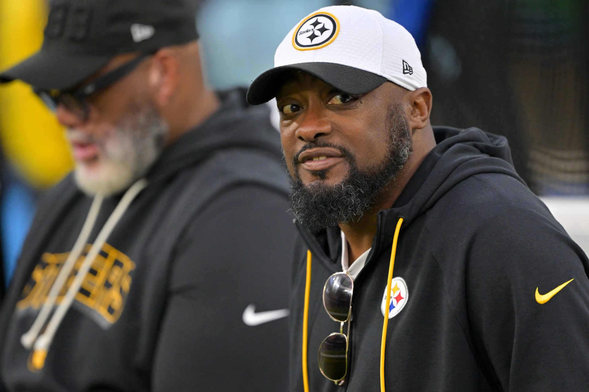 Nov 9, 2025; Inglewood, California, USA; Pittsburgh Steelers head coach Mike Tomlin looks on during warmups before the game against the Los Angeles Chargers at SoFi Stadium.