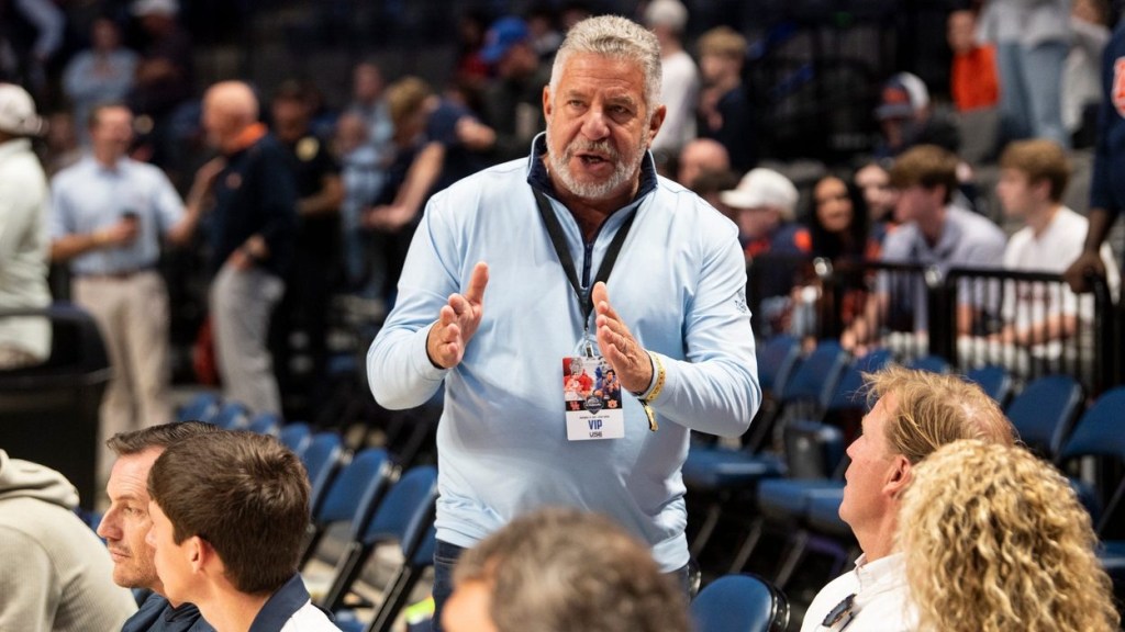 Former Auburn Tigers head coach Bruce Pearl talks with fans before Auburn Tigers take on the Houston Cougars at Legacy Arena in Birmingham, Ala. on Sunday, Nov. 16, 2025.