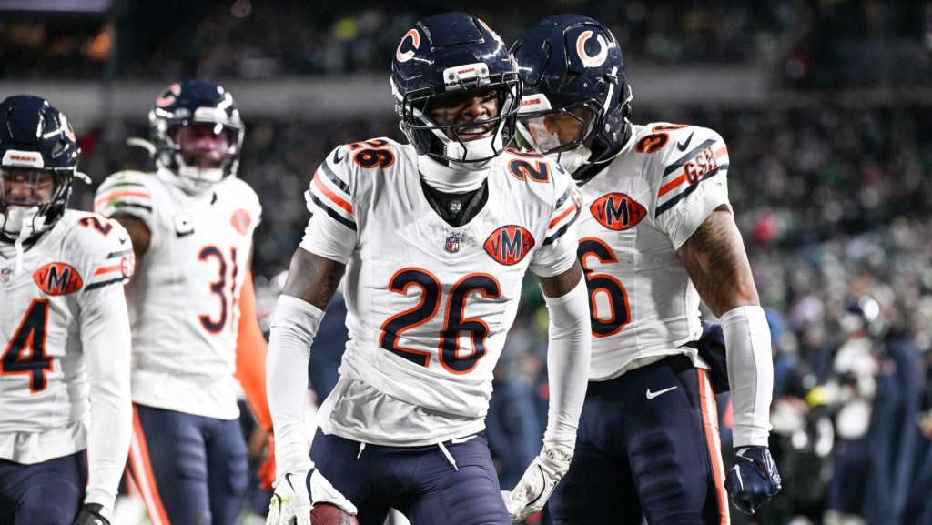 Nov 28, 2025; Philadelphia, Pennsylvania, USA; Chicago Bears cornerback Nahshon Wright (26) celebrates after recovering a fumble against the Philadelphia Eagles during the third quarter of the game at Lincoln Financial Field. Mandatory Credit: Eric Hartline-Imagn Images