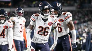 Nov 28, 2025; Philadelphia, Pennsylvania, USA; Chicago Bears cornerback Nahshon Wright (26) celebrates after recovering a fumble against the Philadelphia Eagles during the third quarter of the game at Lincoln Financial Field. Mandatory Credit: Eric Hartline-Imagn Images