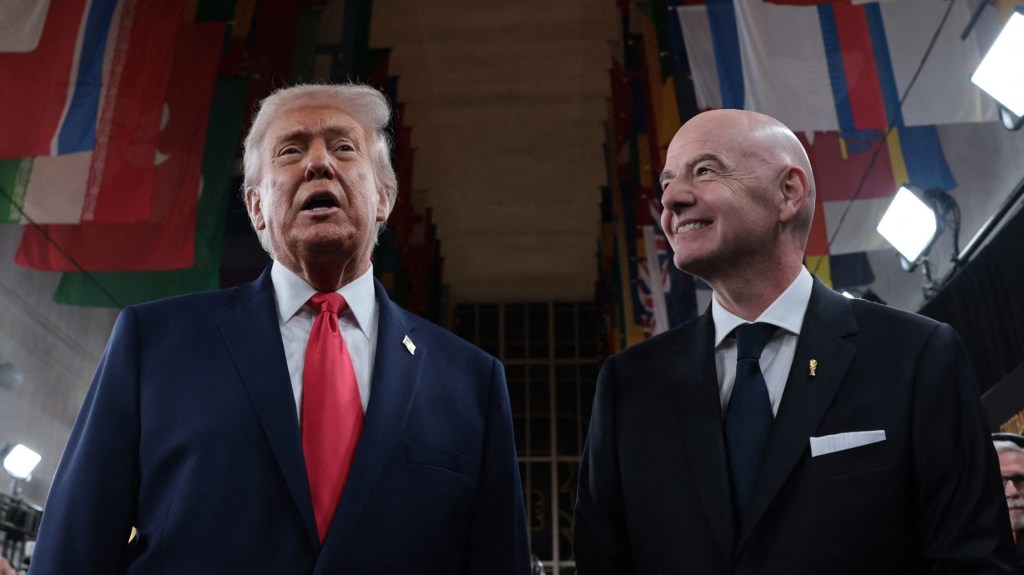 Dec 5, 2025; Washington, District of Columbia, USA; FIFA President Gianni Infantino and United States of America President Donald Trump arrive on the red carpet ahead of the FIFA World Cup 2026 Final Draw at John F. Kennedy Center for the Performing Arts.